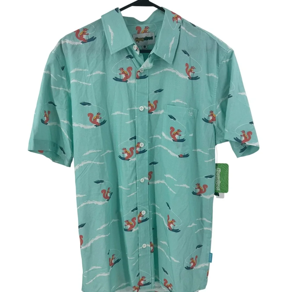 Tipsy Elves Mens Squirrel On Water Skis Hawaiian‎ Shirt Turquoise Blue Sz L NWT